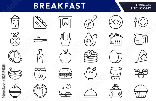 Breakfast line icon Set. Egg, cereal, croissant, jam, orange juice, tea, omelette, fruits, kettle, bread, salad, coffee, morning food, drinks, dishes icons vector illustration. Pixel-perfect stroke