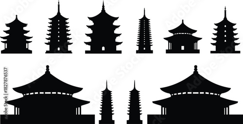 Illustration of silhouette of various asian buildings collection of traditional architecture in asia pagoda, temple, and other landmarks of asia