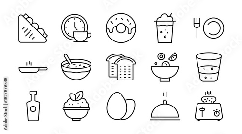 Breakfast line icon Set. Egg, cereal, croissant, jam, orange juice, tea, omelette, fruits, kettle, bread, salad, coffee, morning food, drinks, dishes icons vector illustration. Pixel-perfect stroke
