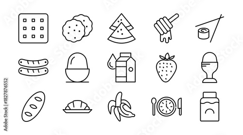 Breakfast line icon Set. Egg, cereal, croissant, jam, orange juice, tea, omelette, fruits, kettle, bread, salad, coffee, morning food, drinks, dishes icons vector illustration. Pixel-perfect stroke