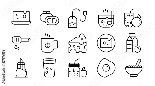Breakfast line icon Set. Egg, cereal, croissant, jam, orange juice, tea, omelette, fruits, kettle, bread, salad, coffee, morning food, drinks, dishes icons vector illustration. Pixel-perfect stroke