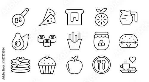 Breakfast line icon Set. Egg, cereal, croissant, jam, orange juice, tea, omelette, fruits, kettle, bread, salad, coffee, morning food, drinks, dishes icons vector illustration. Pixel-perfect stroke