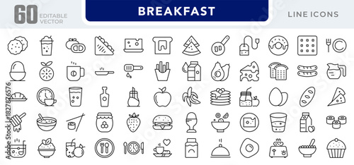 Breakfast line icon set. Egg, cereal, croissant, jam, orange juice, tea, fruits, bread, salad, coffee, morning food, drinks, dishes icons vector illustration. Editable pixel-perfect stroke