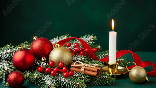 Celebrate the holidays with a glowing candle, ornaments, and cinnamon sticks arrangement