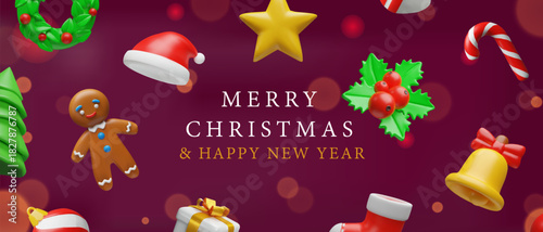 Merry Christmas and Happy New Year greeting card with 3D icons. Festive holiday banner with gingerbread man, santa hat, and gift box on a magenta background. Winter celebration illustration