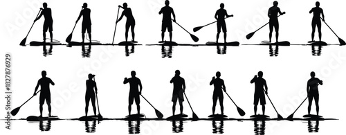 Paddleboarding Silhouettes on Water — Twelve Dynamic Poses with Reflections Depicting Outdoor Recreation, Balance, and Aquatic Movement