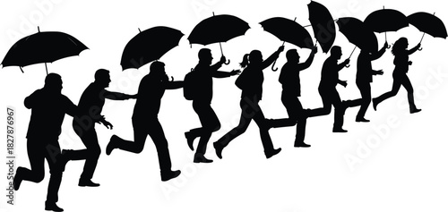 Running Silhouettes with Umbrellas — Dynamic Black Figures in Motion Depicting Rainy Weather, Urgency, and Shared Human Experience