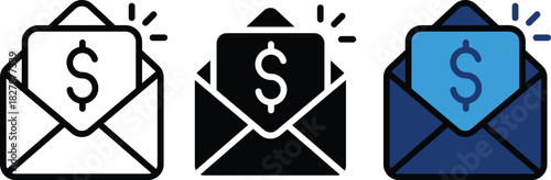 Mail symbol with dollar sign or coin inside the envelope represents fintech, mobile banking and financial newsletters