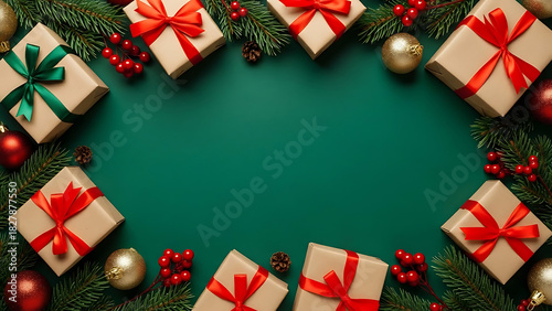 Elegant festive gifts with ribbons frame blank space for holiday wishes message