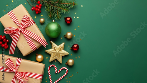 Festive Christmas gifts with ornaments and candy canes create holiday cheer and joy