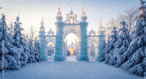 Explore a winter wonderland with this amazing ice castle gate, perfect for holiday promotions, fantasy book covers, and magical christmas backgrounds