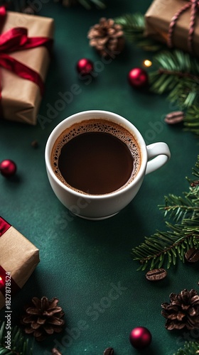 Warm coffee sits amid festive decorations, surrounded by Christmas gifts, pinecones, and greenery, creating a cozy atmosphere perfect for holiday gatherings and celebrations.