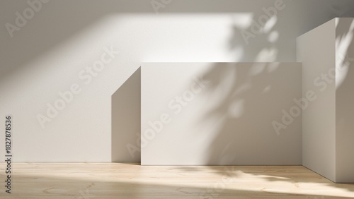 Fototapeta Naklejka Na Ścianę i Meble -  Room with soft warm cozy sunlight and plaster pastel walls with wooden parquet - empty studio room interior design background. Empty room with sunlight and leaves shadows. Room copy space mock up