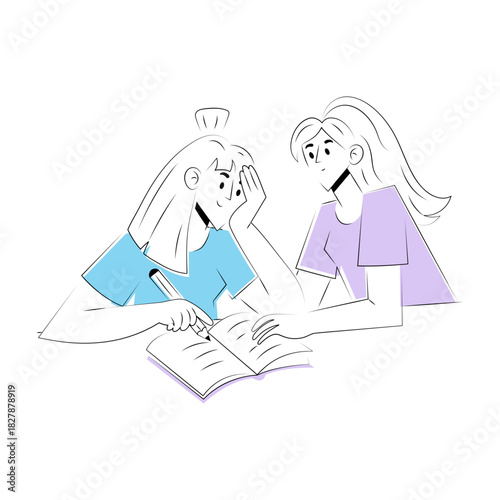 Hand drawn style illustration showing friends doing studying together