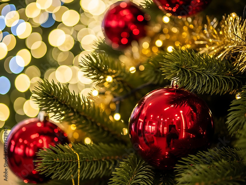 Festive Christmas tree adorned with vibrant red ornaments and twinkling lights