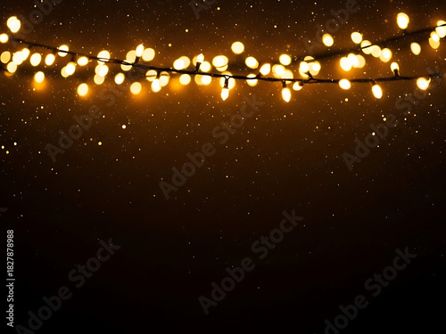 Festive warm lights string with sparkling bokeh for holiday celebration templates