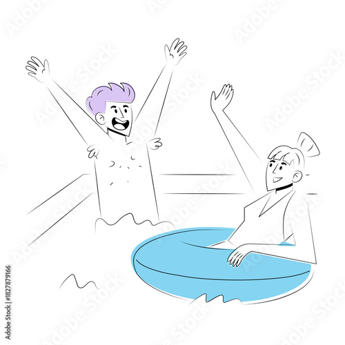 A doodle style illustration showing friends enjoying pool party