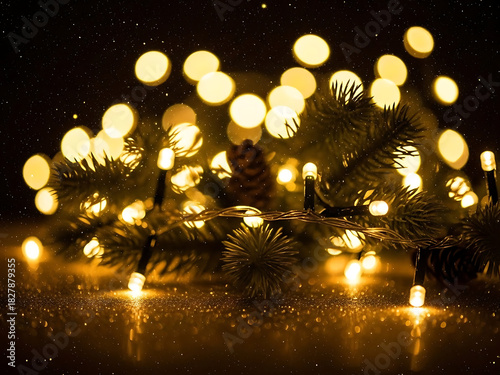 Festive glowing lights on pine branches evoke cozy winter holiday celebrations
