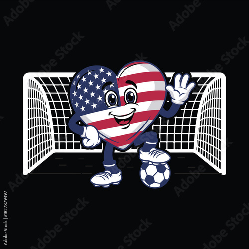 Funny cartoon heart mascot character wearing american flag pattern playing soccer football standing in front of goal net waving hello and resting foot on ball vector illustration suitable
