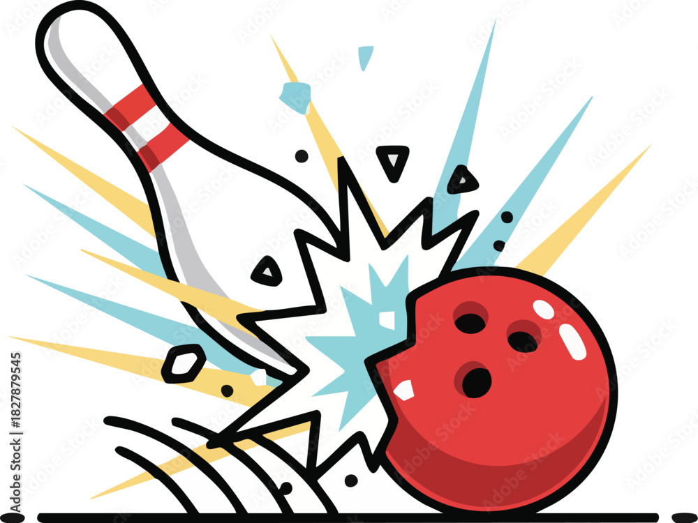 Obraz premium Dynamic Cartoon Graphic of Bowling Ball Striking a Pin with Impact