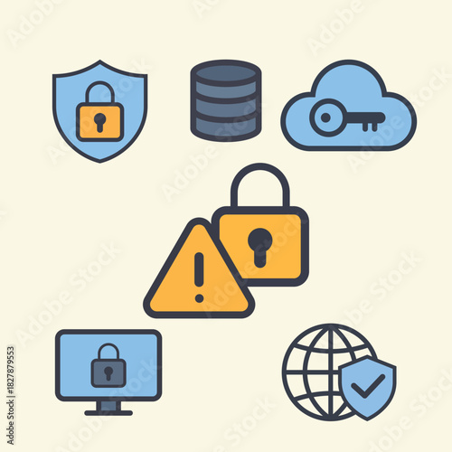 Cyber Security Icons Set – Data Protection, Cloud Security, Shield Lock, Warning Alert & Global Safety Vector Illustration