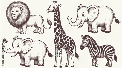Set of hand-drawn African animals including a lion giraffe elephant and zebra vintage illustration for childrens books and educational materials