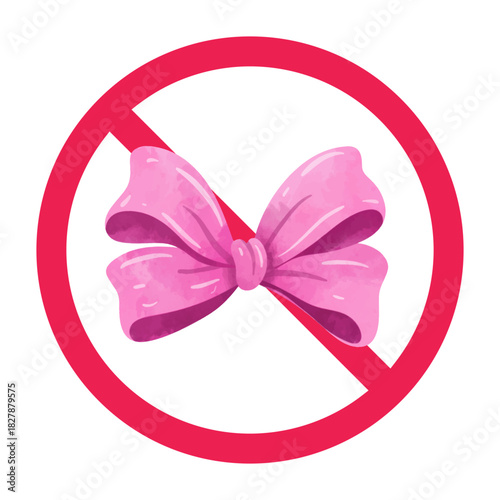 No bow sign, forbidden ribbon sign, decorative bow prohibited symbol, no gift bow prohibition sign, red crossed circle symbol, vector illustration
