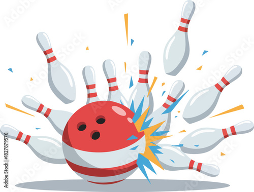 Impact of Red Bowling Ball Knocking Down White Pins in Sports Game