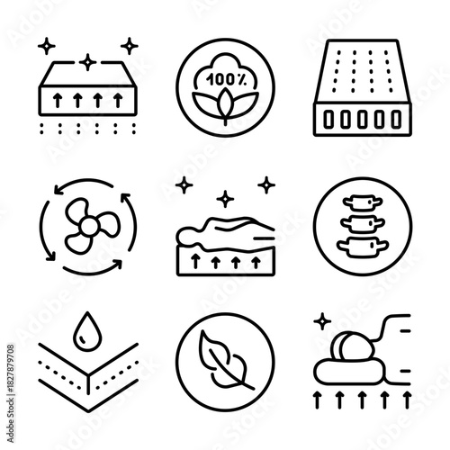 Mattress for sleeping outline icons set. Memory foam symbols shows different types of mattresses with features like breathability, firmness, and pressure relief.