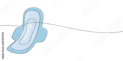 A light blue sanitary pad with curved, layered absorbent sections drawn in a minimal continuous-line style on a white background.