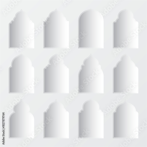 Islamic frames, oriental style objects. Arabic shapes, windows and arches with shadows. Traditional ornamental frame. Muslim holidays, Ramadan Kareem. Modern eastern architecture. Vector illustration