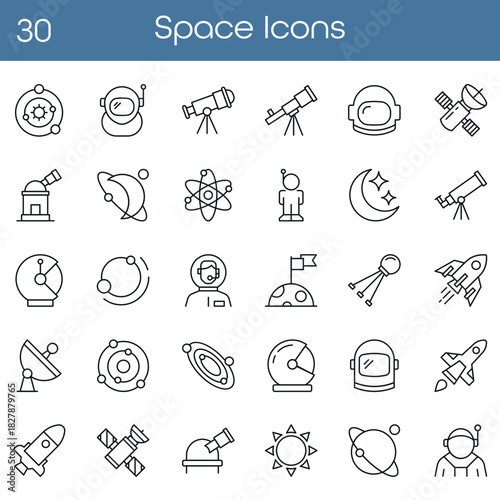 Set of 30 simple space line icons. Includes planets, rockets, astronauts, telescopes, satellites, moon and stars. Perfect for web design, apps, stickers, education materials, branding and prints.
