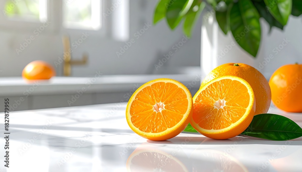 Naklejka premium Bright, fresh oranges on a marble counter in a sunlit, minimalist kitchen setting