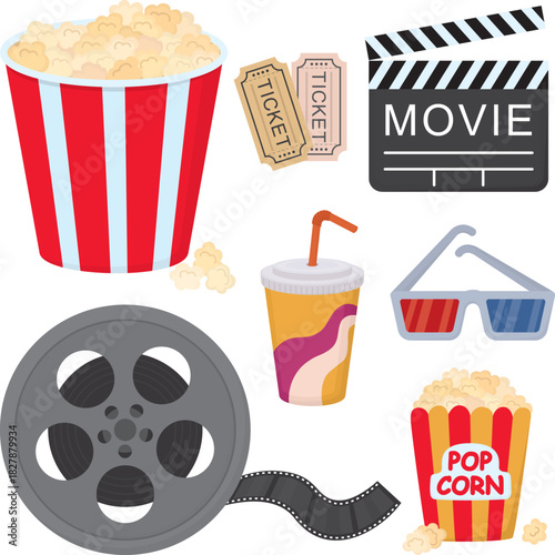 Entertainment set with film reel, popcorn, soda cup, clapperboard, 3D glasses and movie tickets. Illustration of cinema elements isolated on white background