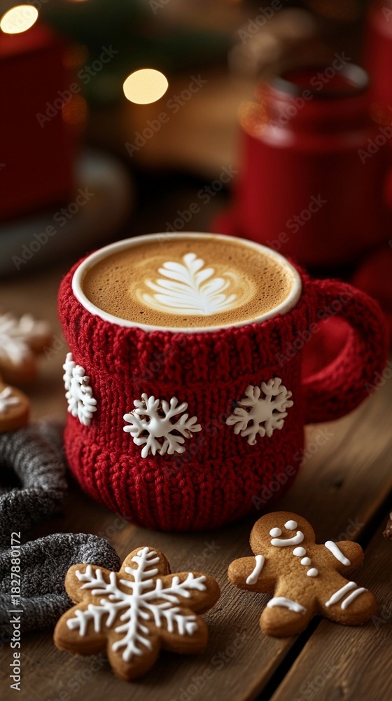Fototapeta premium Cozy up this winter with a festive red mug filled with delicious coffee art, surrounded by gingerbread cookies and decorative snowflakes for a warm holiday vibe.