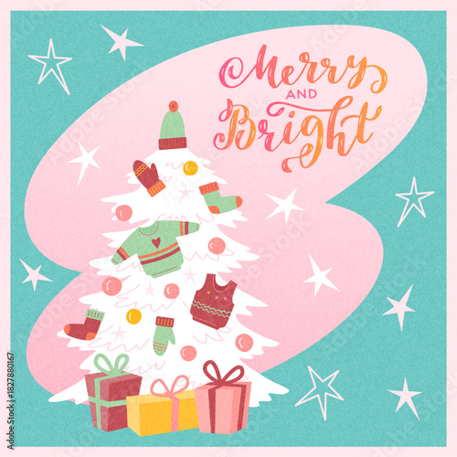  Hand drawn Lettering  Merry and Bright  in script style. White Christmas tree decorated with knitwear, sweater, socks, mittens, hat. Vector illustration with grainy texture and abstract background.