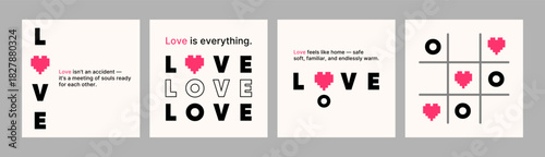 Minimalist love posters template set with retro hearts, bold black typography, and romantic quotes, for Valentine's Day cards, covers, prints, social media posts, romantic design. Vector illustration