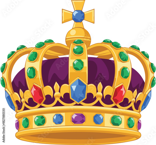 Regal Gold Crown with Colorful Jewels and Purple Velvet Cap