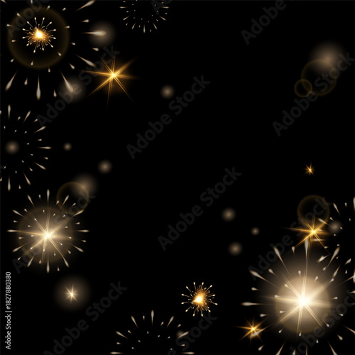 Glowing Gold Fireworks Background with Sparkle Effects on a Black Background with Space for Text for New Year Events, Celebration Invitations, Party Posters, and Holiday Digital Content. Vector