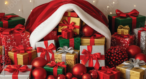Pile of Christmas Presents and Santa Hat Overflowing.