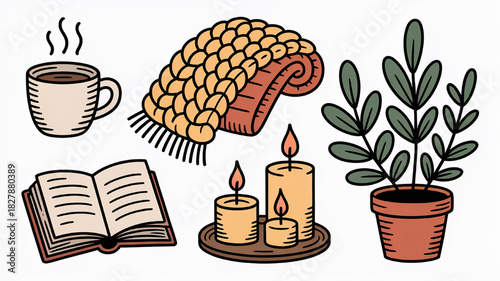 Cozy home elements illustration including a book candles plant and coffee vector design for relaxation and comfort concepts
