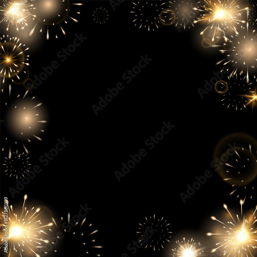 Festive background with glowing fireworks decorative frame on a black backdrop, bright sparkles and light bursts, for New Year designs, celebration invitations, event banners, greeting cards.Vector