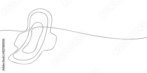 A simple line art illustration of a sanitary pad with wings, shown in layered contours to indicate absorbent sections and overall shape.