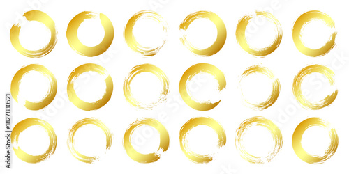 Golden grunge circles, brush strokes, lines, ink smudges, hand-drawn scribble shapes. Handmade sketchy marks, acrylic stains, charcoal streaks. Paint textures, dry brush effect. Vector illustration