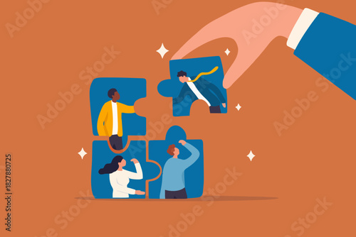 New joiner to fill in team and solve problem, teamwork to get solution, put right man in the right job to fit job description concept, businessman hand HR put new joiner to connect jigsaw puzzle.