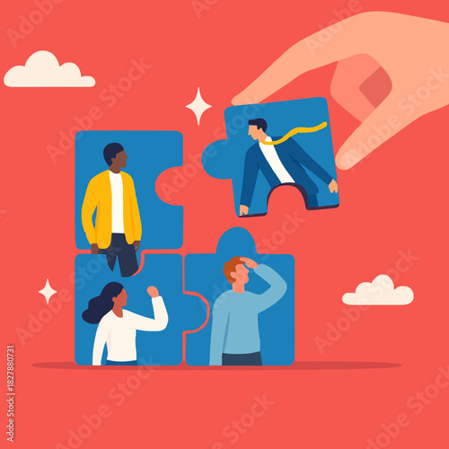 New joiner to fill in team and solve problem, teamwork to get solution, put right man in the right job to fit job description concept, businessman hand HR put new joiner to connect jigsaw puzzle.