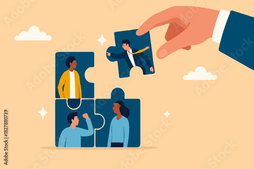 New joiner to fill in team and solve problem, teamwork to get solution, put right man in the right job to fit job description concept, businessman hand HR put new joiner to connect jigsaw puzzle.