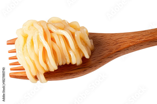 spaghetti on wooden fork, isolated on transparent background.