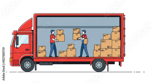 Delivery workers are diligently stacking brown cardboard packages inside the bright red logistics truck cargo bay, depicted in a clean 2D flat illustration style on a white background.