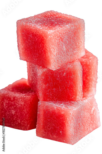 frozen watermelon cubes stacked on transparent background.